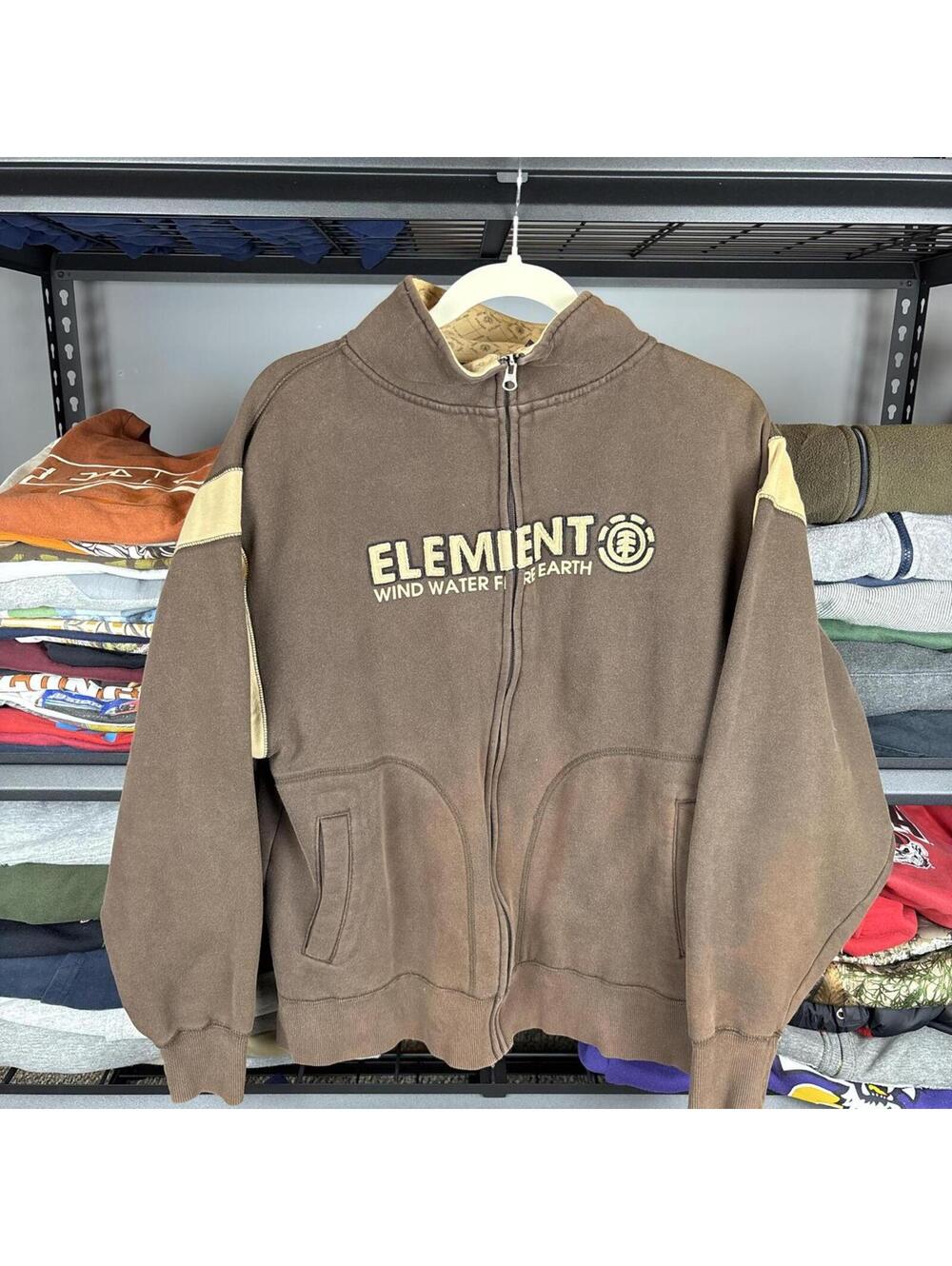 Vintage Y2K Element Skate Full Zip Hoodie Brown Tan Colorblock Wind Water M